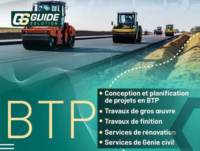Visuel Guide Solution « BTP » : compacteurs sur une route en construction, avec la liste conception et planification, gros œuvre, finitions, rénovation et génie civil