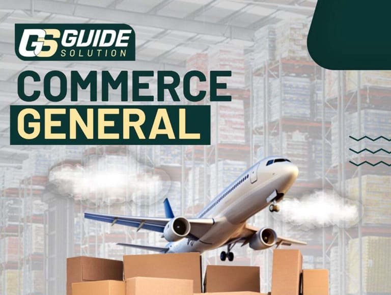 Visuel Guide Solution « Commerce général » : avion-cargo et cartons de marchandises devant un entrepôt