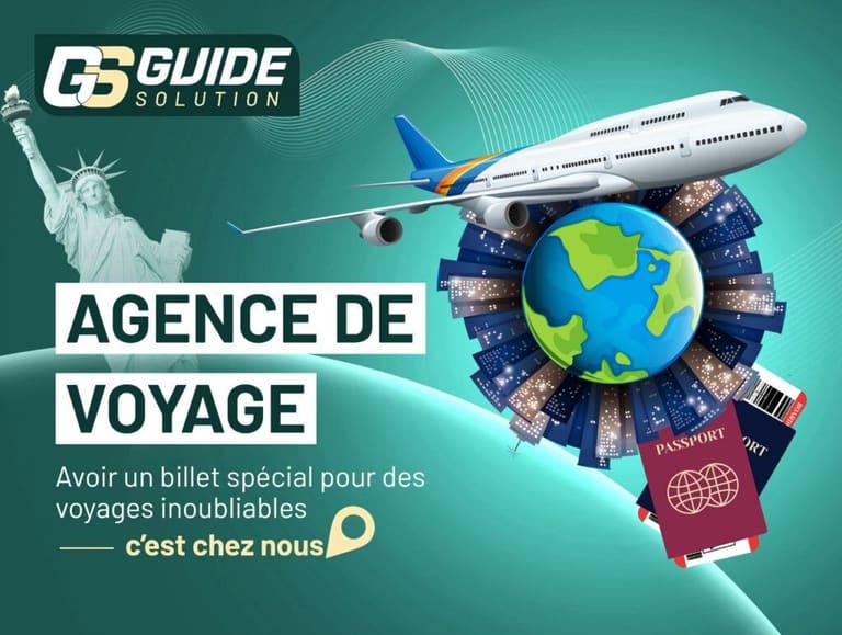 Visuel Guide Solution « Agence de voyage » : avion, globe terrestre, passeport et billets